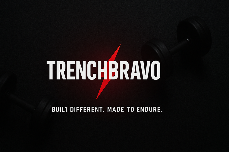 Trenchbravo logo with a red lightning bolt on a dark background